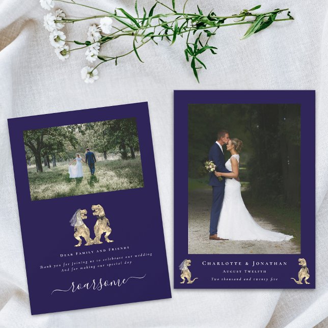 Dinosaur Theme Wedding Photo Navy Blue White Thank You Card (Dinosaur theme wedding photo thank you navy blue and elegant white script flat card T-Rex dino)