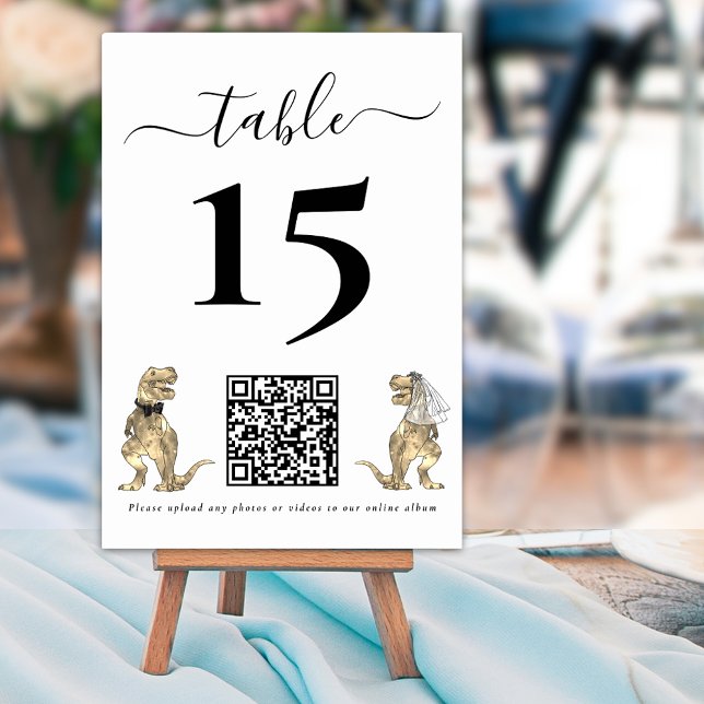 Dinosaur theme Wedding Photo QR Code Table Number (Jurassic dinosaur wedding photo upload qr code table number Funny T-Rex bride & groom Elegant script)