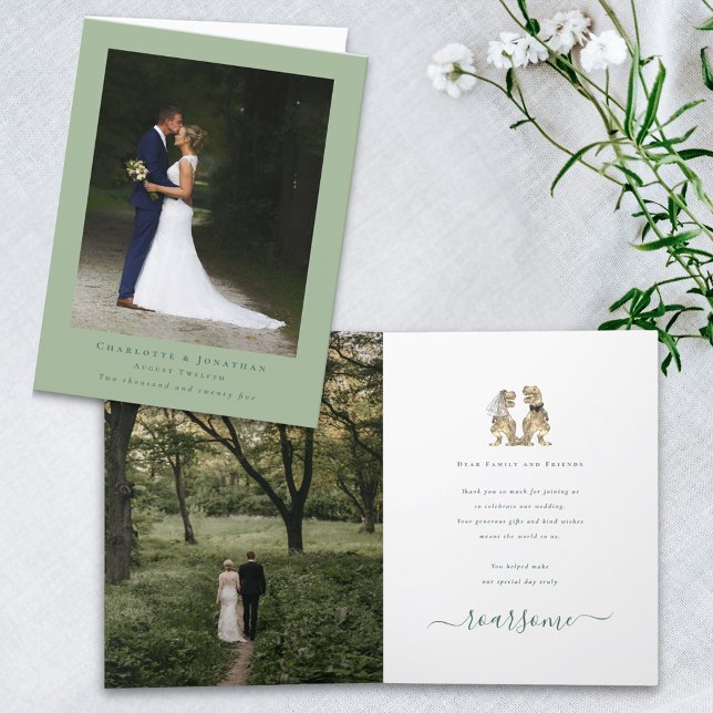 Dinosaur Theme Wedding Photo Sage Green Thank You Card (Dinosaur theme wedding photo thank you sage green folded card T-Rex dino bride and groom elegant )