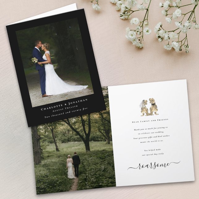 Dinosaur Theme Wedding Photo Thank You (Dinosaur theme black and white wedding 2 photo thank you folded card Fun T-Rex elegant modern design)