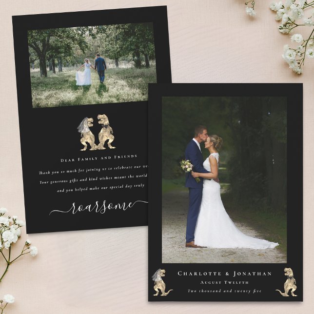 Dinosaur Theme Wedding Photo Thank You Black (Dinosaur theme 2 photo thank you black and white modern elegant flat card funny T-Rex dino couple)