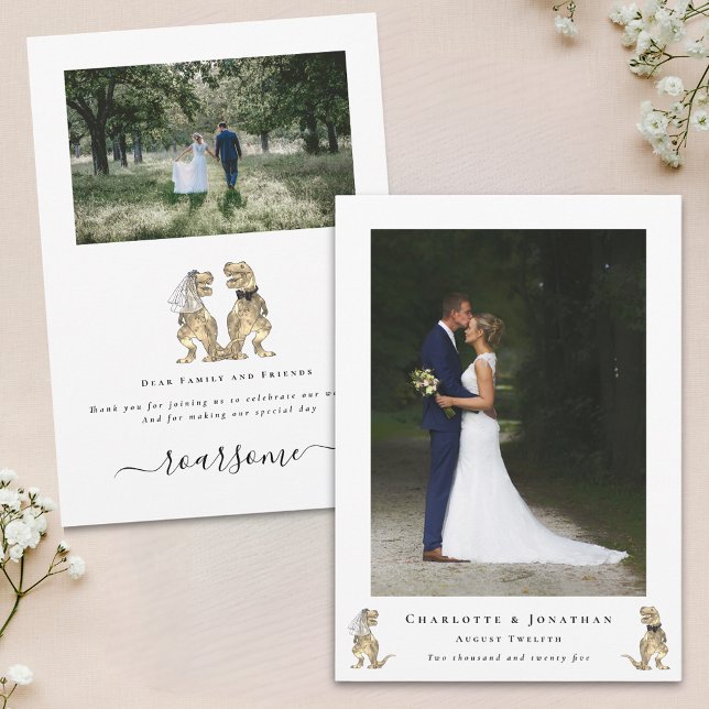 Dinosaur Theme Wedding Photo Thank You Card (Dinosaur theme wedding 2 photo thank you card simple minimalist with elegant modern script)