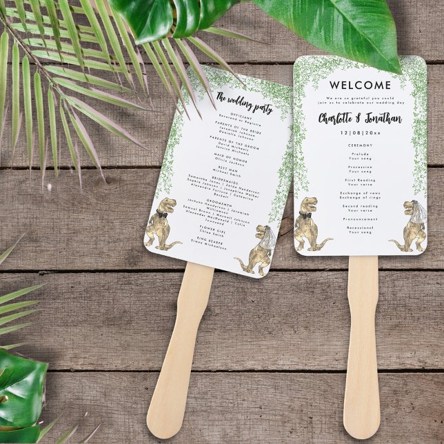 Dinosaur theme Wedding Program Hand Fan (T-Rex bride and groom dinosaur wedding day program fans)