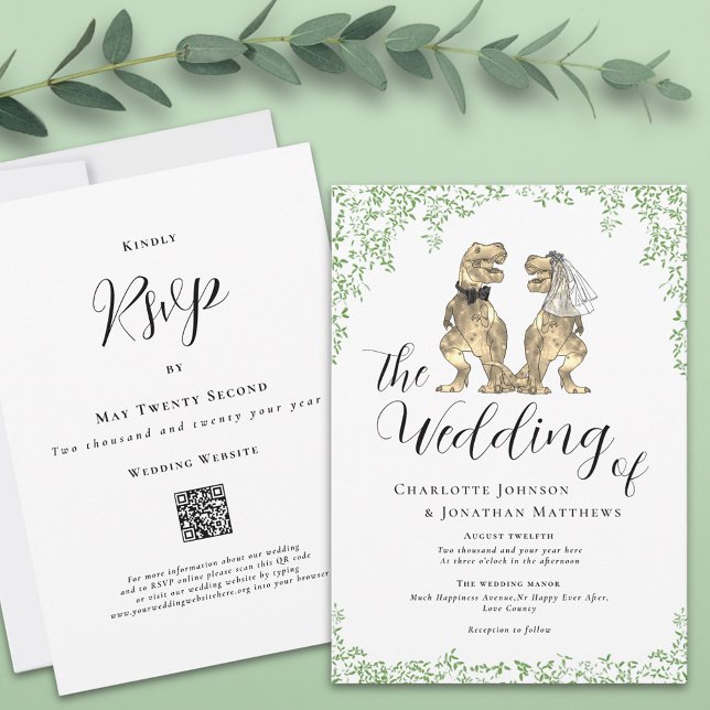 Dinosaur Theme Wedding QR code Invitation (Dinosaur theme wedding qr code invitation watercolor eucalyptus foliage elegant script T-Rex dino)
