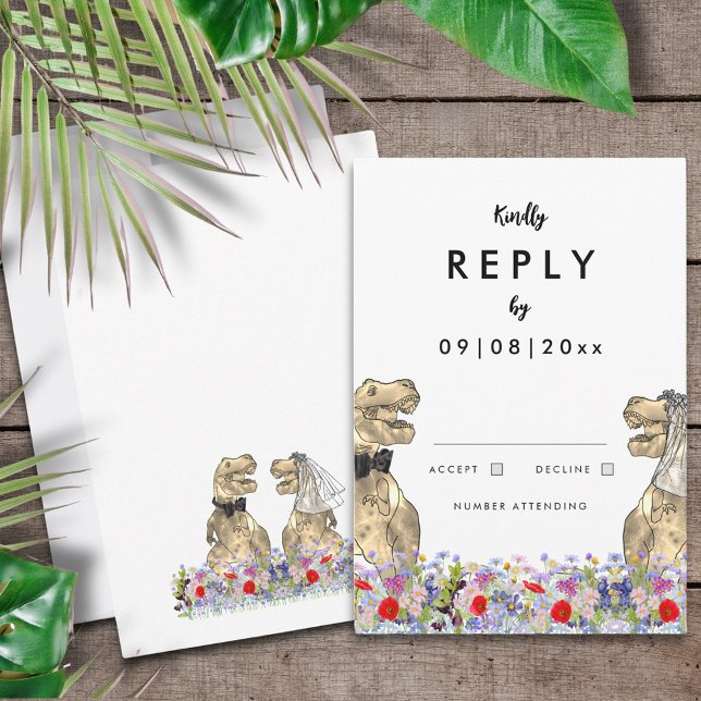 Dinosaur Theme Wedding Reply RSVP Card (T-Rex bride and groom fun dinosaur wedding reply enclosure card)