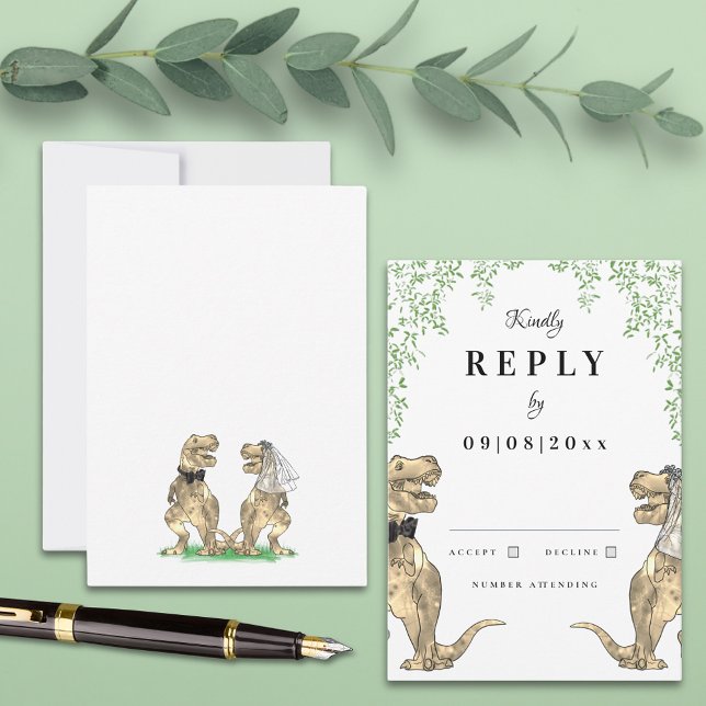 Dinosaur Theme Wedding Reply RSVP Card (Botanical dinosaur theme wedding invitation reply with watercolor eucalyptus T-Rex bride and groom )