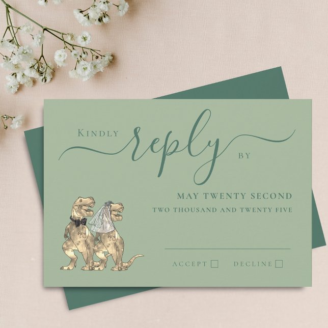 Dinosaur Theme Wedding Reply Sage Green RSVP Card (Dinosaur theme wedding sage green invitation RSVP card T-Rex dino bride and groom elegant script)