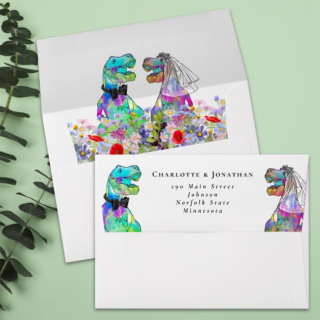 Dinosaur Theme Wedding Return Address  Envelope (T-Rex bride and groom colorful dinosaur wedding invitation return address envelope Watercolor floral)