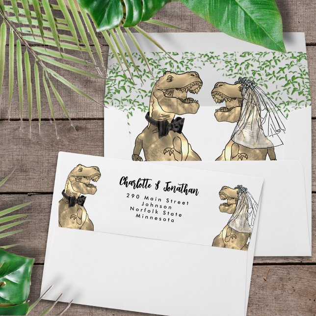 Dinosaur Theme Wedding Return Address  Envelope (Dinosaur themed wedding invitation return address envelope with funny T-Rex bride and groom)