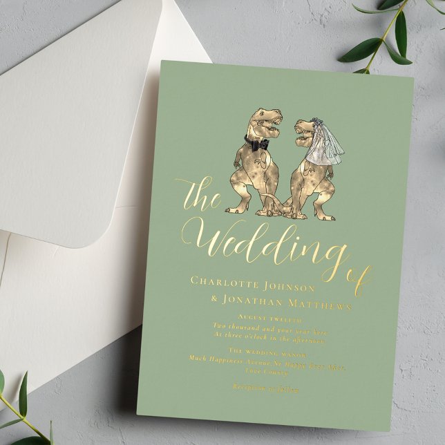 Dinosaur Theme Wedding Sage Green Gold (Dinosaur theme wedding sage green gold foil invitation Elegant modern script calligraphy T-Rex dino)