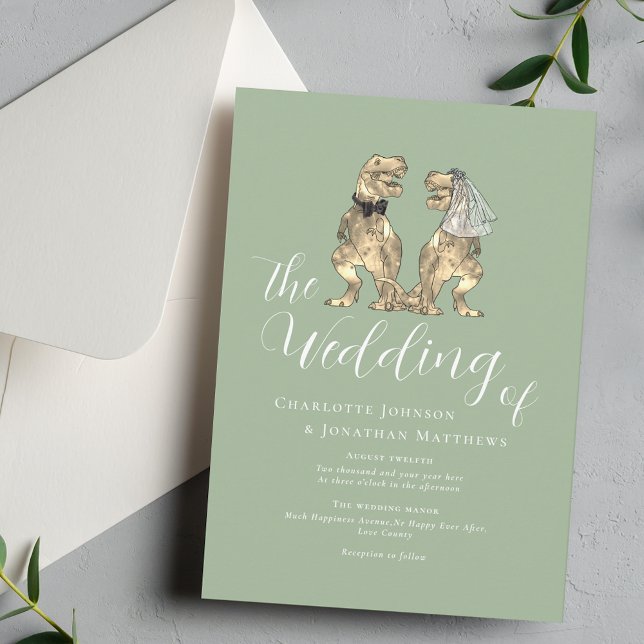 Dinosaur Theme Wedding Sage Green Invitation (Dinosaur theme wedding sage green elegant script T-Rex dino bride and groom fun destination wedding)
