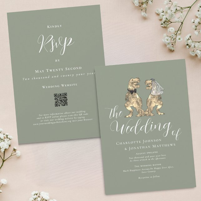 Dinosaur Theme Wedding Sage Green QR Code Invitation (Dinosaur theme sage green wedding qr code invitation funny T-Rex dino bride and groom elegant script)