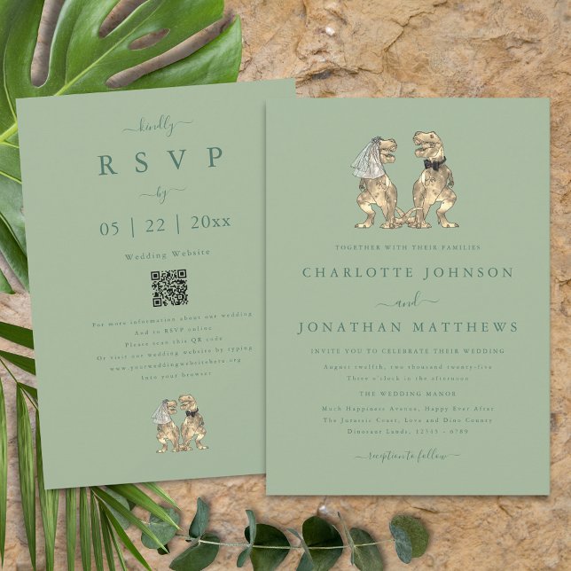 Dinosaur Theme Wedding Sage Green Qr Code Invitation (Dinosaur theme wedding qr code sage green invitation T-Rex dino bride & groom modern elegant script)