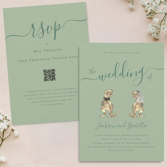 Dinosaur Theme Wedding Sage Green QR Code Invitation (Dinosaur theme wedding sage green QR code invitation Elegant modern script T-Rex dino Bride & groom)