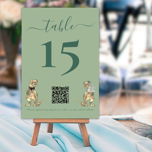 Dinosaur theme Wedding Sage Green QR Code Table Number (Dinosaur theme wedding qr code sage green custom table number cards Elegant modern script)