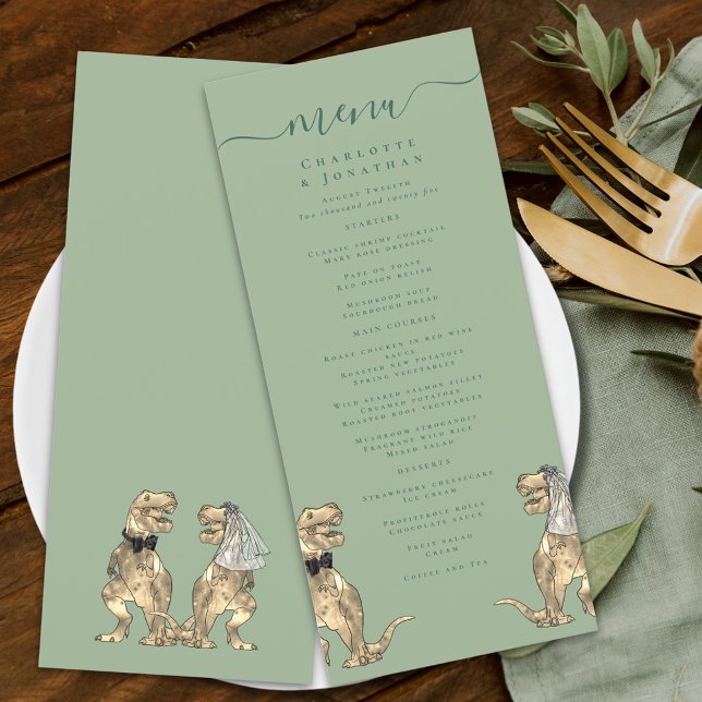 Dinosaur Theme Wedding Sage Green & White Menu (Dinosaur wedding sage green modern elegant script menu T-Rex dino bride and groom destination)