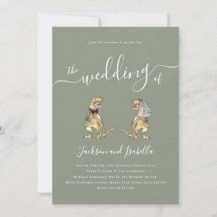 Dinosaur Theme Wedding Sage Green White QR Code Invitation