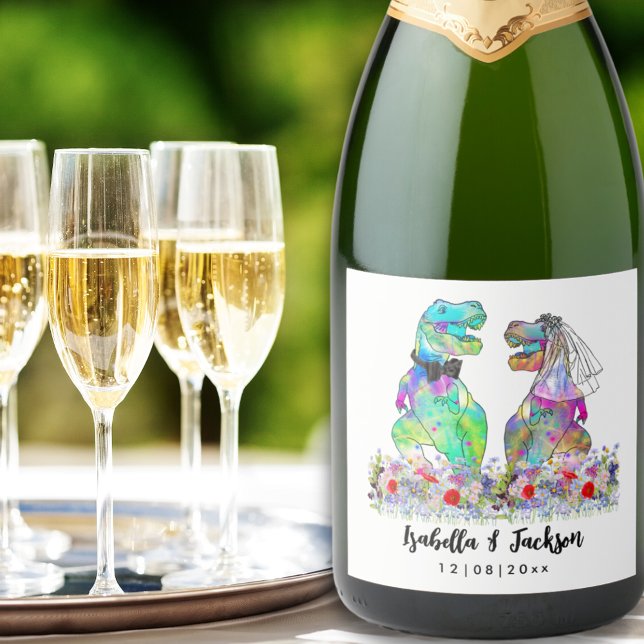 Dinosaur Theme Wedding Sparkling Wine Label (Dinosaur bride and groom floral funny dino wedding personalized sparkling wine label)