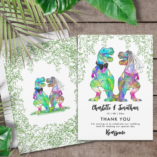 Dinosaur Theme Wedding Thank You (Colorful dinosaur wedding thank you card with colorful T-Rex bride and groom and Jurassic jungle )