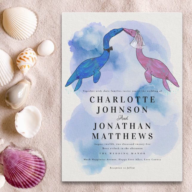 Dinosaur Theme Wedding Watercolor Sea Invitation (Dinosaur theme wedding watercolor blue purple sea invitation)