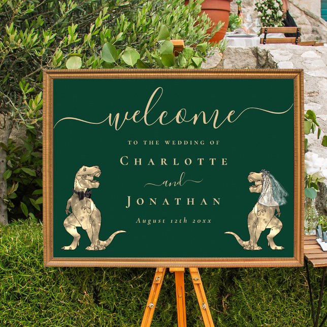 Dinosaur Theme Wedding Welcome Dark Green Poster (Dinosaur theme wedding welcome dark green poster fun T-Rex bride and groom dinos elegant script )