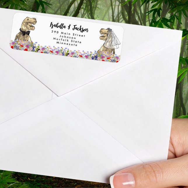 Dinosaur Theme Wildflower Wedding (Funny T-Rex bride and groom dinosaur wedding return address label with wildflowers)