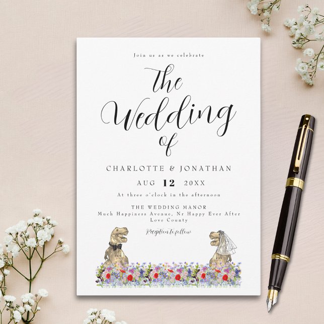 Dinosaur Theme Wildflower Wedding Invitation (Elegant script dinosaur wildflower wedding invitation)