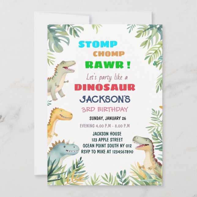 Dinosaur-Themed 3rd Birthday Party Invitation (Front)