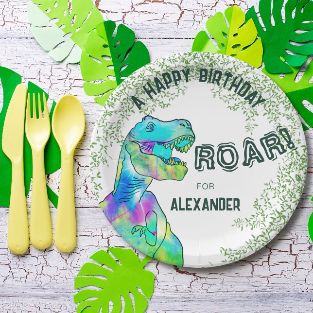 Dinosaur Themed Birthday Party Paper Plate (Dinosaur T-Rex jungle Roar birthday party custom paper plate add name colorful dino & green foliage)