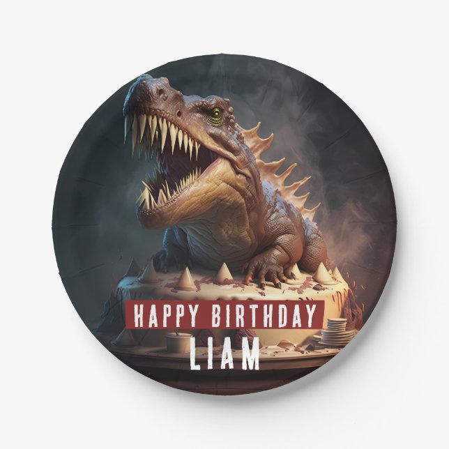 Dinosaur themed Cream Cake - Birthday Paper Plate (Front)