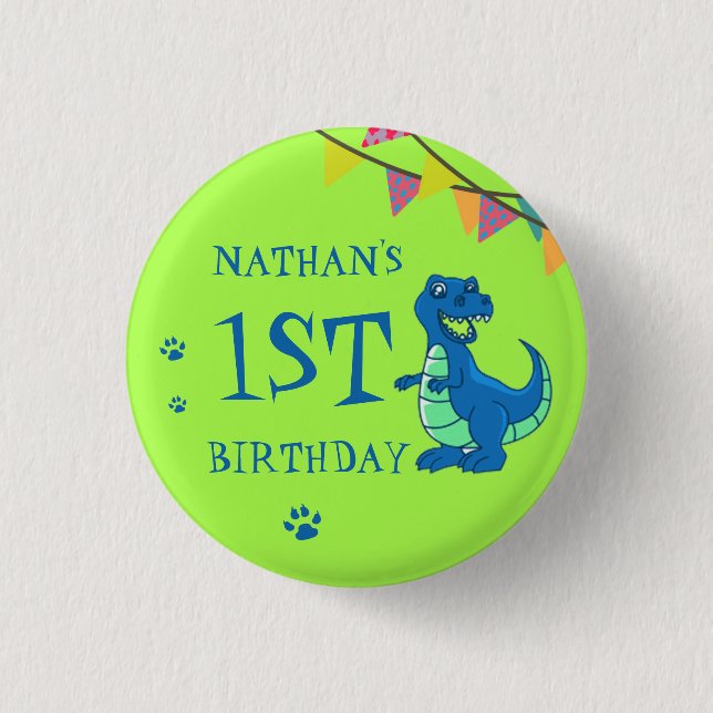Dinosaur Themed Cute Blue Green Paw Birthday 3 Cm Round Badge (Front)