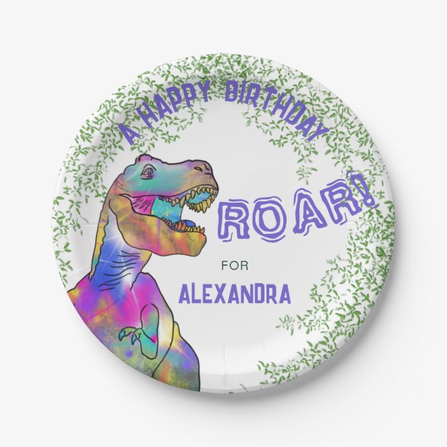 Dinosaur Themed Girls Birthday Party Paper Plate (Front)