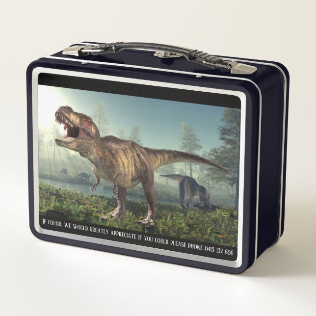 Dinosaur themed if lost please phone metal lunch b box (Back)