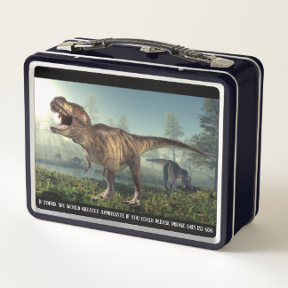 Dinosaur themed if lost please phone metal lunch b metal lunch box