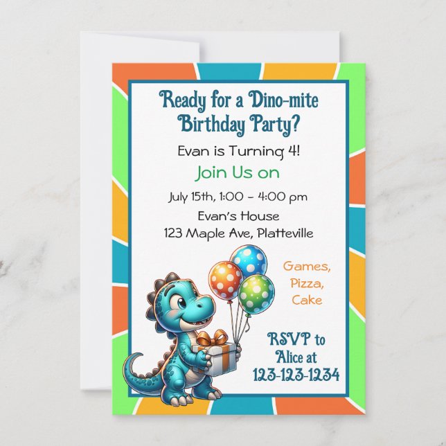 Dinosaur themed Kid's Birthday Party Invitation (Front)