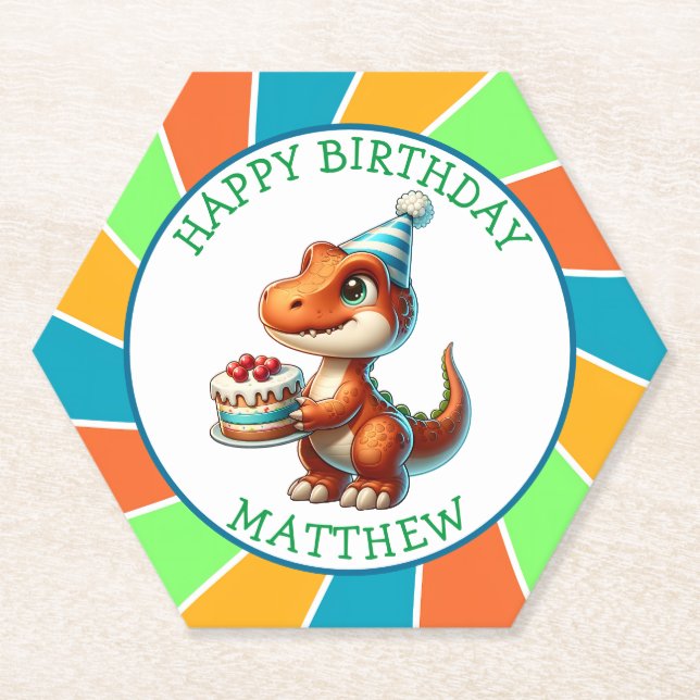 Dinosaur themed Kid's Birthday Party Personalised Paper Coaster (Front)