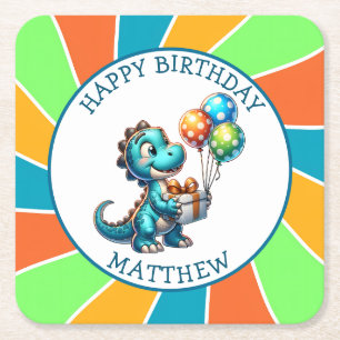 Dinosaur themed Kid's Birthday Party Personalised Square Paper Coaster