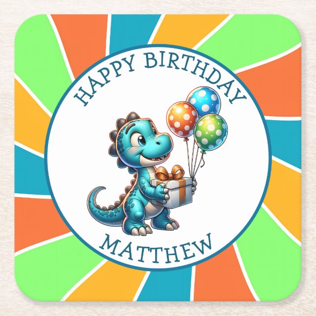 Dinosaur themed Kid's Birthday Party Personalised Square Paper Coaster (Front)