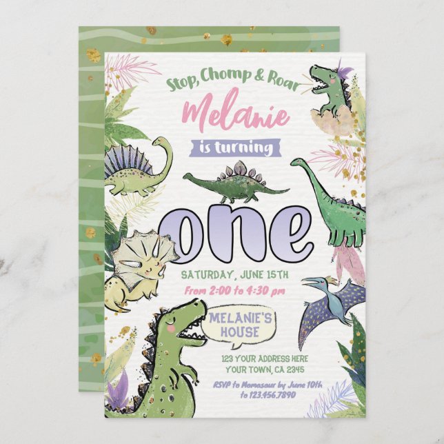 Dinosaur Themed Party 1st Birthday Invitation (Front/Back)