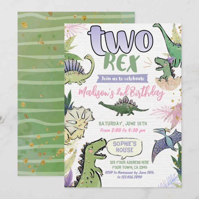 Dinosaur Themed Party 2nd Birthday Invitation (Front/Back)