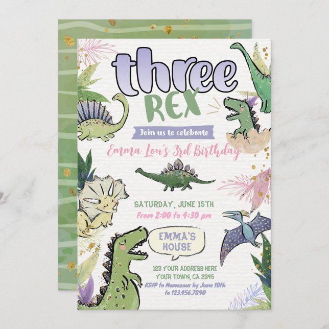 Dinosaur Themed Party 3rd Birthday Invitation (Front/Back)