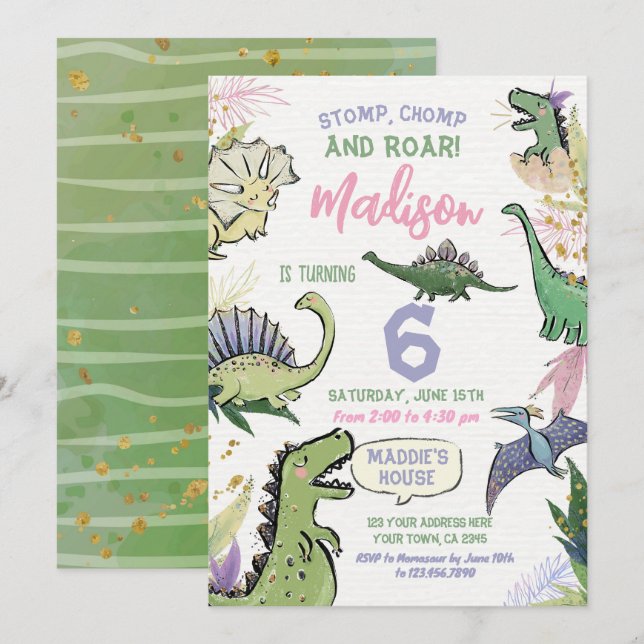 Dinosaur Themed Party Birthday Invitation (Front/Back)