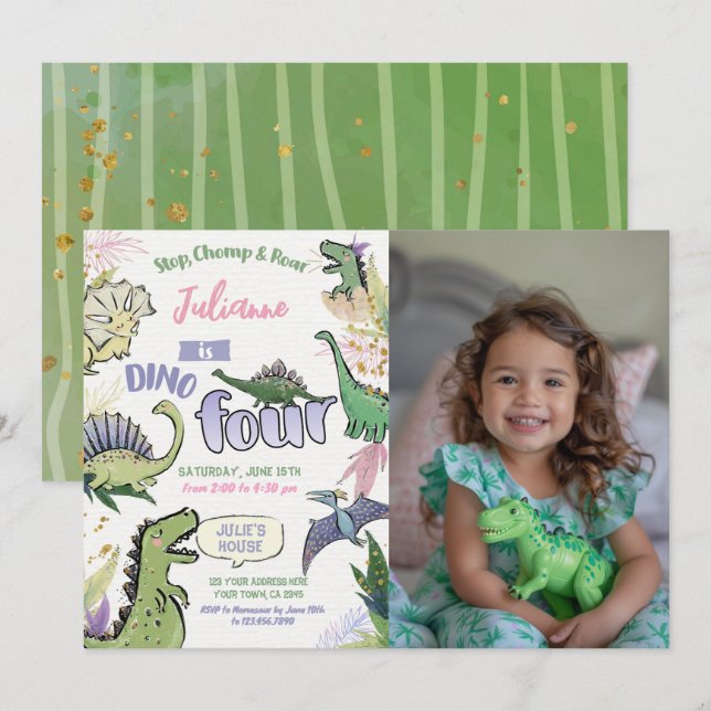 Dinosaur Themed Party Dino Four 4th Birthday Invitation (Front/Back)