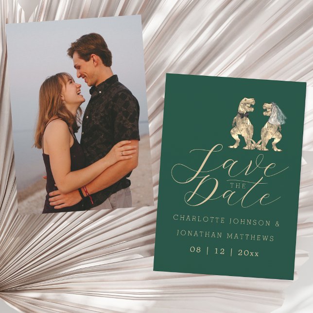 Dinosaur Themed Photo Wedding Save The Date (Elegant minimalist dinosaur wedding save the date portrait photo green invitation)