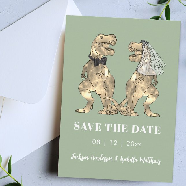 Dinosaur Themed Sage Green Wedding Save The Date (Funny modern dinosaur wedding save the date sage green invitation)