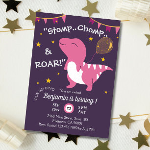Dinosaur themed Stomp, Chomp & Roar! 1st birthday Invitation
