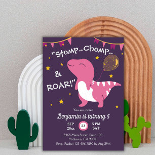 Dinosaur themed Stomp, Chomp & Roar! 5th birthday Invitation