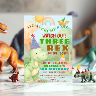 Dinosaur Themed Three Rex Birthday Party Boy Invitation