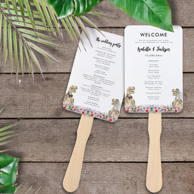 Dinosaur Themed Wedding Day Hand Fan (T-Rex bride and groom wildflower dinosaur wedding program fan)