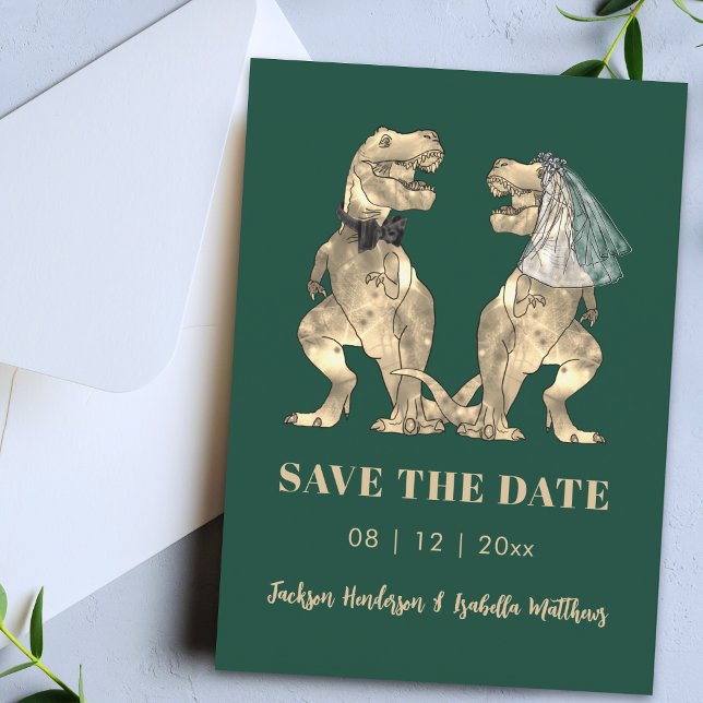 Dinosaur Themed Wedding Green Save The Date (Simple funny dinosaur wedding save the date emerald green card)